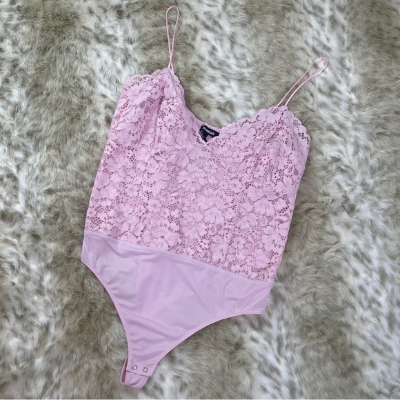 Express Tops - Express Pink V-Neck Lace  Bodysuit